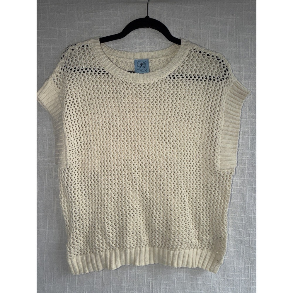 CeCe Boho Coastal Cream Ivory Open Knit Crochet Cotton Vest Size M Sleeveless